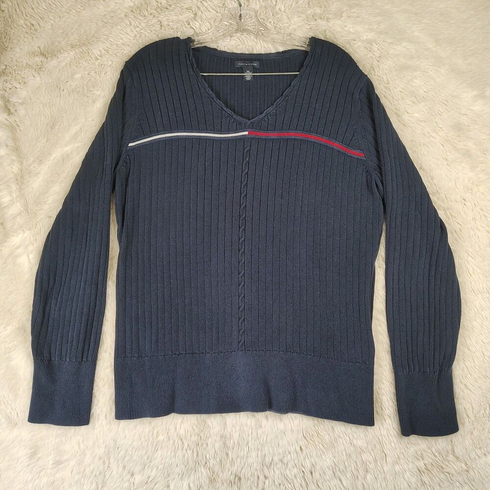 Vintage Tommy Hilfiger Ribbed Knit Sweater V Neck Women's XL Y2K 2000s Stripe